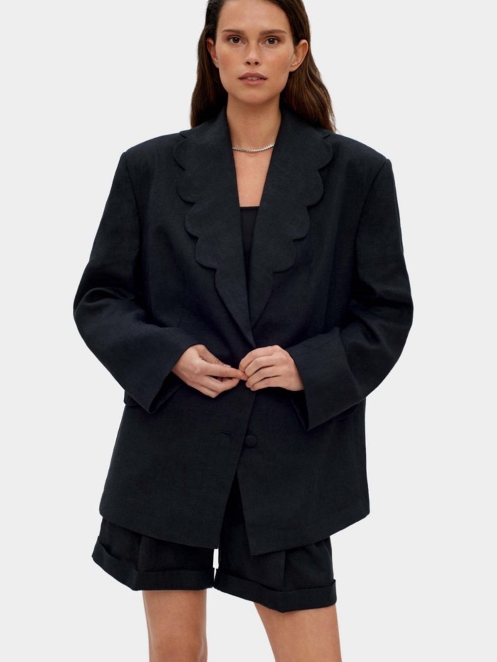 Sleeper Black Scalloped Linen Blazer